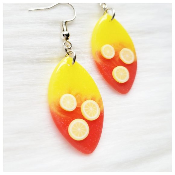 Strawberry Lemonade Earrings Yellow and Pinkish Red Lemon Dangle Earrings - Picture 3 of 10